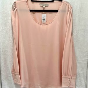 Loft Blush Color Long Sleeve Blouse with Lining and Faux Pearl Button Cuffs XL